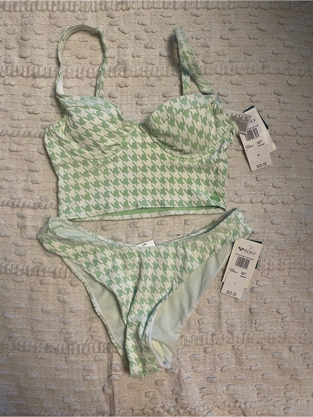 Roxy Light Green & White Houndstooth Bustier Bikini
